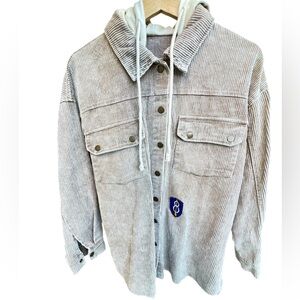 Corduroy Button-Down Shirt Jacket in Light Taupe